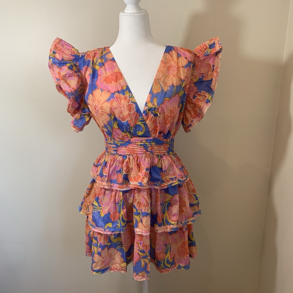 Olivaceous Womens Tiered Mini Dress Medium Bright Tropical Resort Coquette Beach